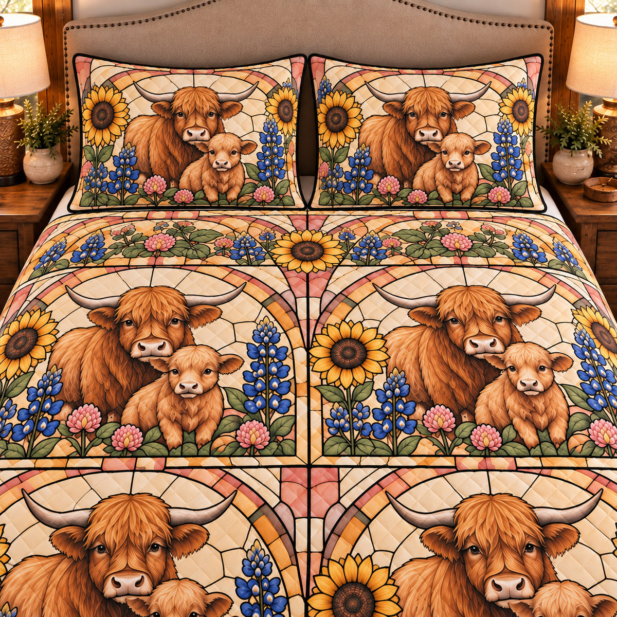 Calf & Baby Cow Stained Glass Garden quilt set — close-up