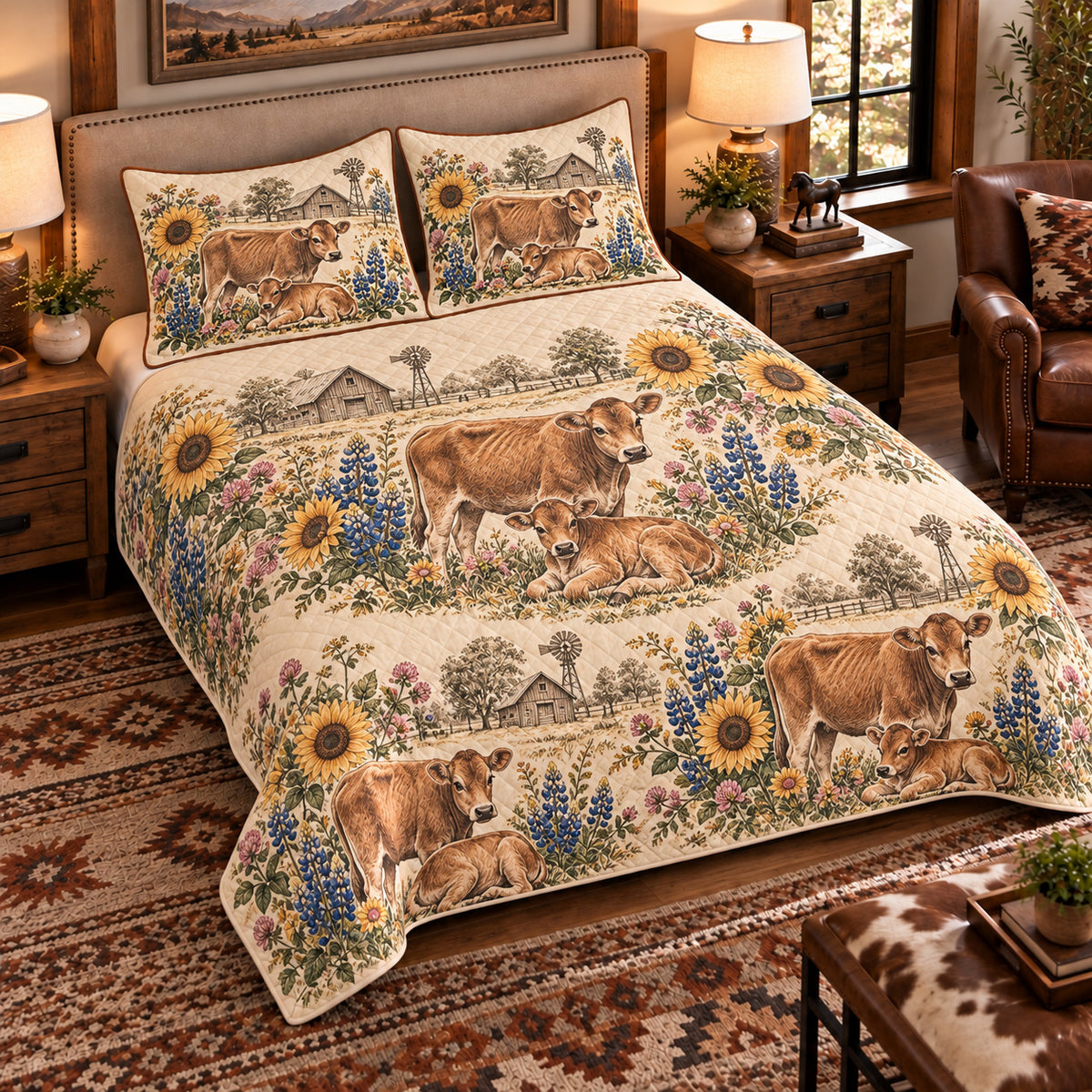 Calf & Baby Cow Vintage Field Guide quilt set — left-angle hero