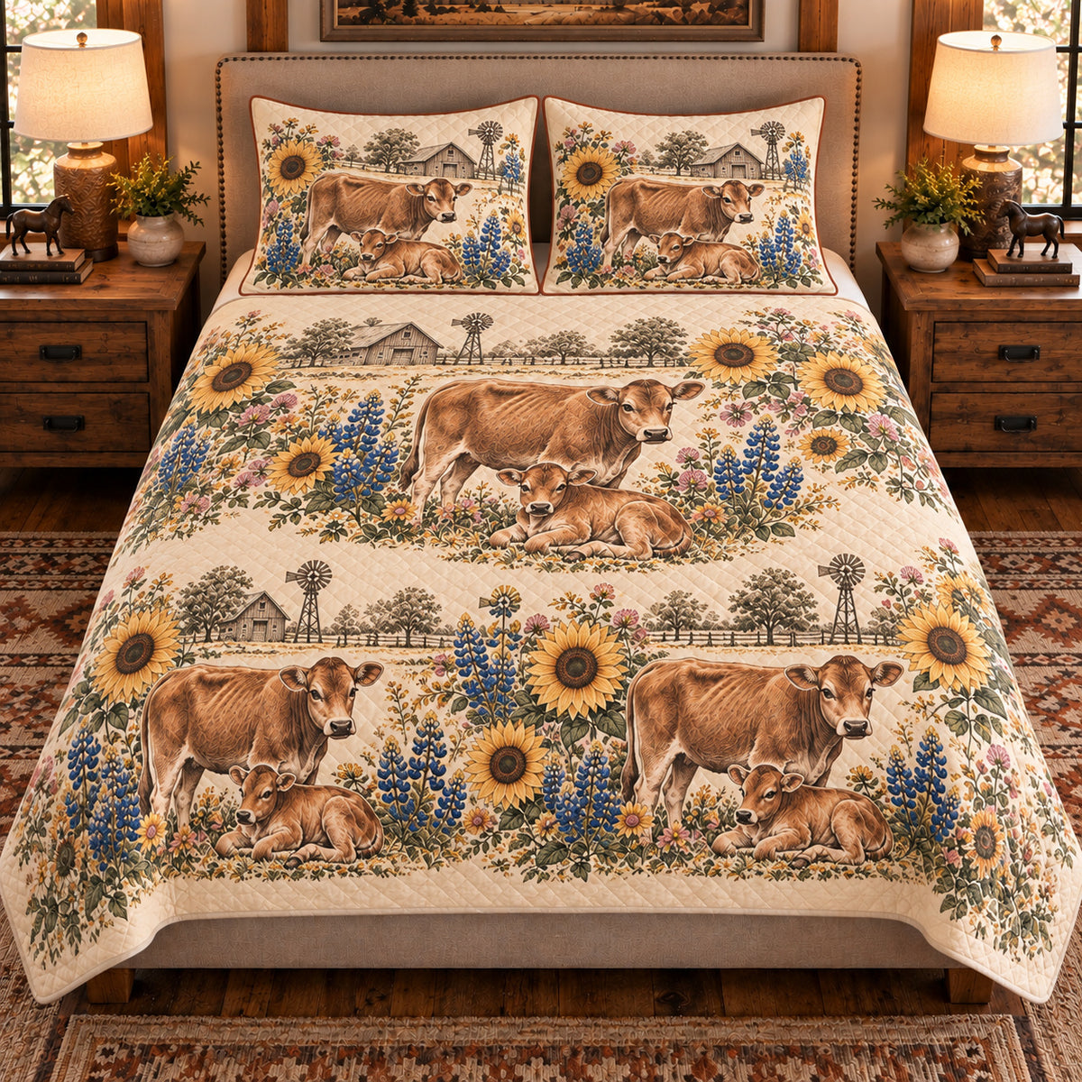 Calf & Baby Cow Vintage Field Guide quilt set — front view