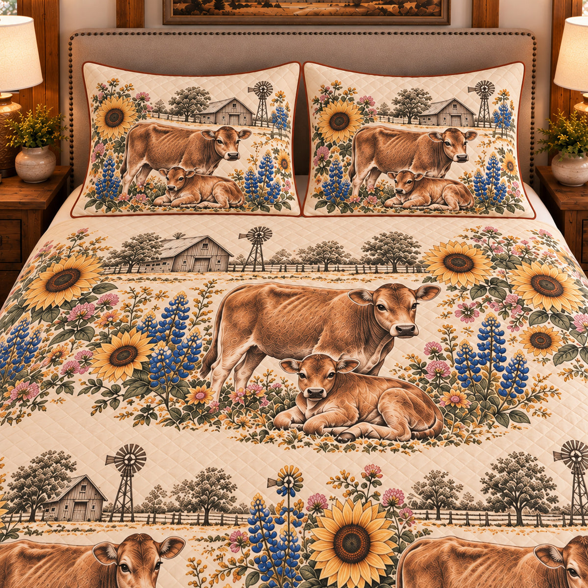 Calf & Baby Cow Vintage Field Guide quilt set — close-up