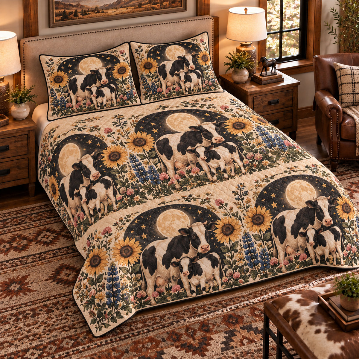 Calf & Baby Cow Moonlit Folk Farm quilt set — left-angle hero