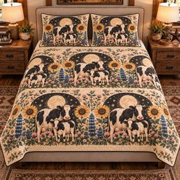 Calf and Baby Cow Moonlit Folk Farm Quilt Set, Farmhouse Bedding Gift for Animal Lovers