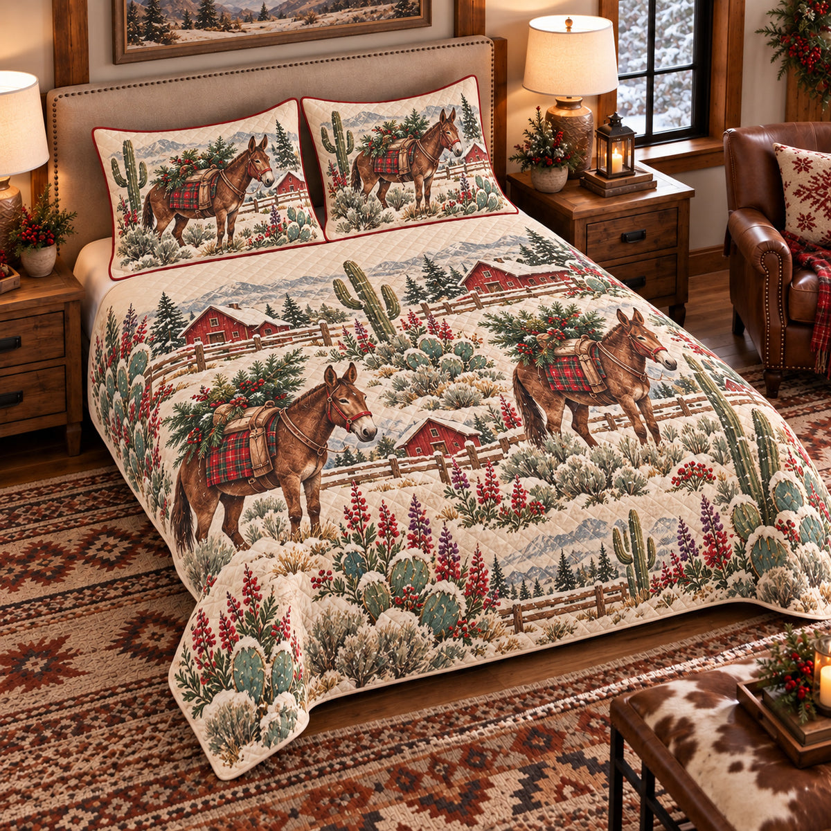 Mule Christmas Farm quilt set — left-angle hero