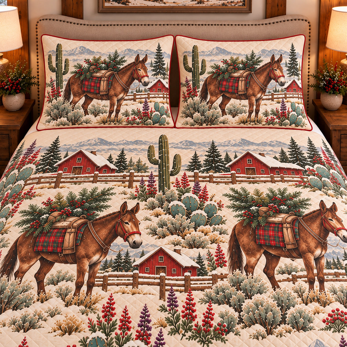 Mule Christmas Farm quilt set — close-up
