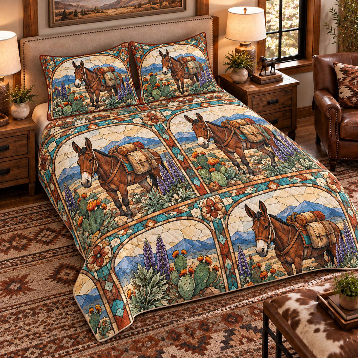 Mule Stained Glass Garden quilt set — left-angle hero