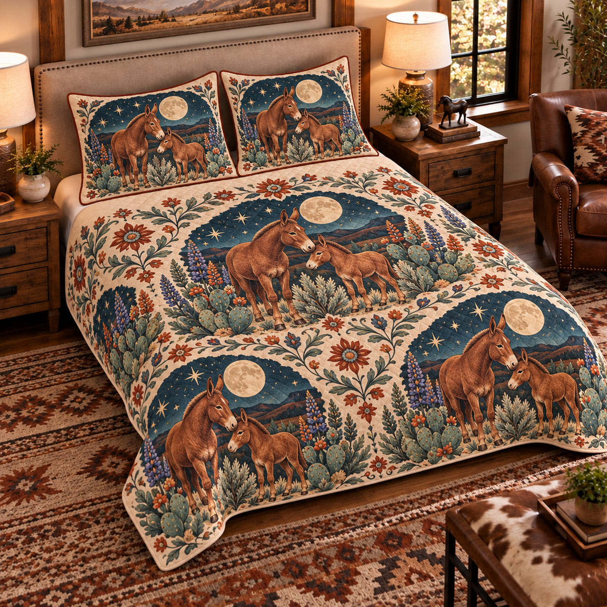 Mule Moonlit Folk Farm quilt set — left-angle hero
