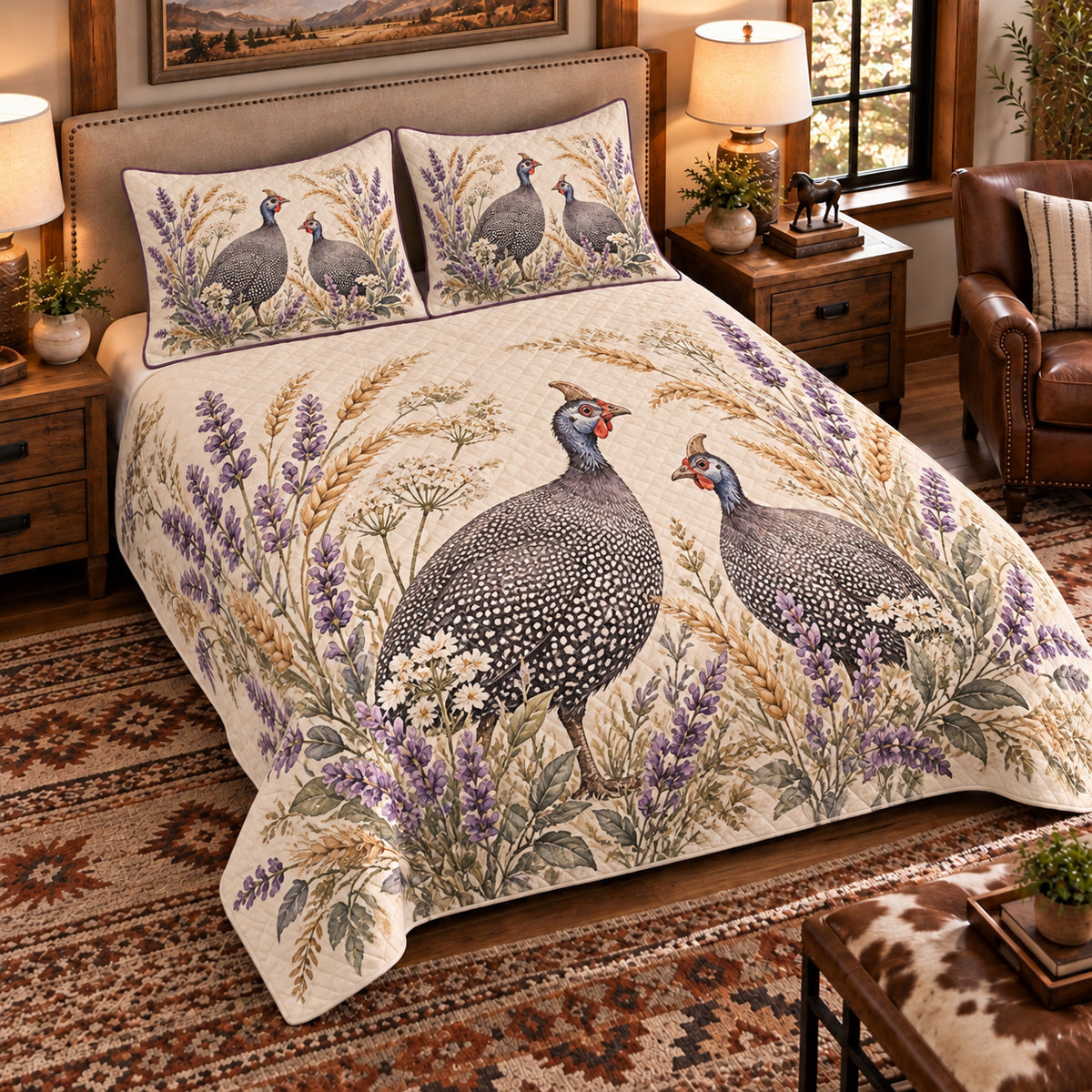 Guinea Fowl Botanical Portrait quilt set — left-angle hero