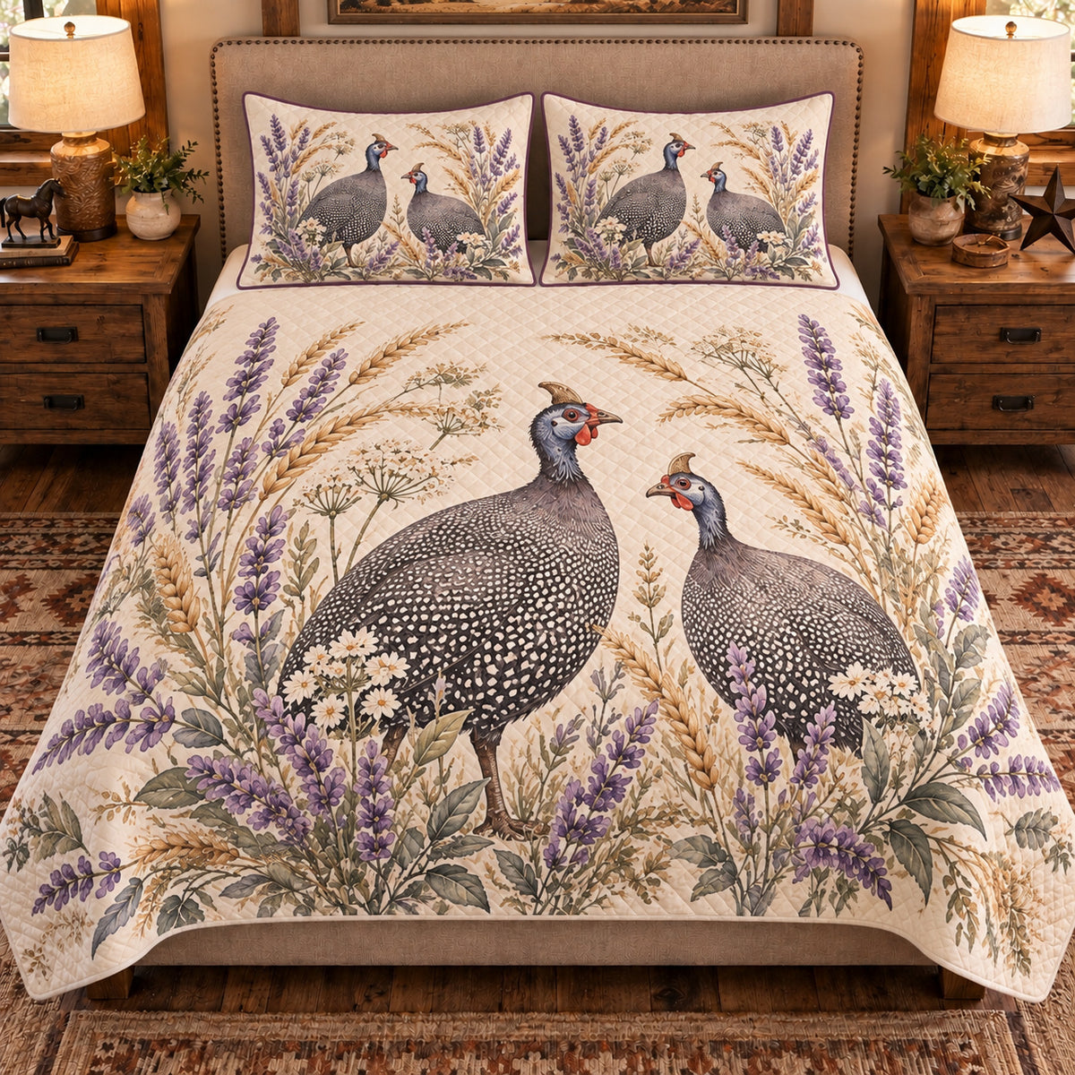 Guinea Fowl Botanical Portrait quilt set — front view