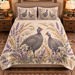 Guinea Fowl Botanical Portrait Quilt Set, Farmhouse Bedding Gift for Animal Lovers