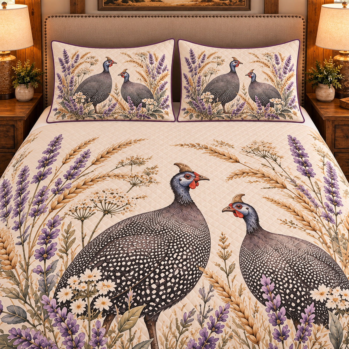 Guinea Fowl Botanical Portrait quilt set — close-up