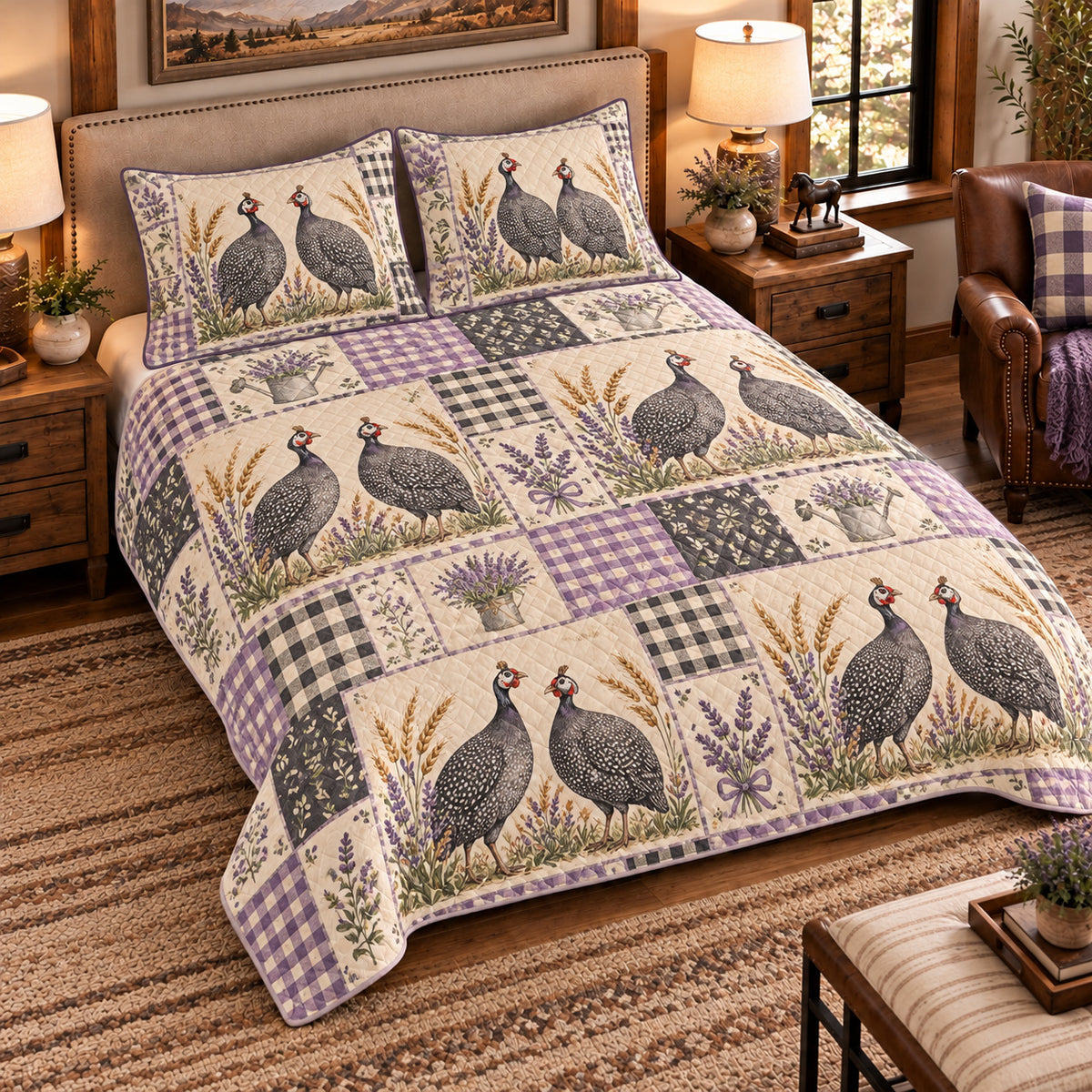 Guinea Fowl Farmhouse Patchwork quilt set — left-angle hero
