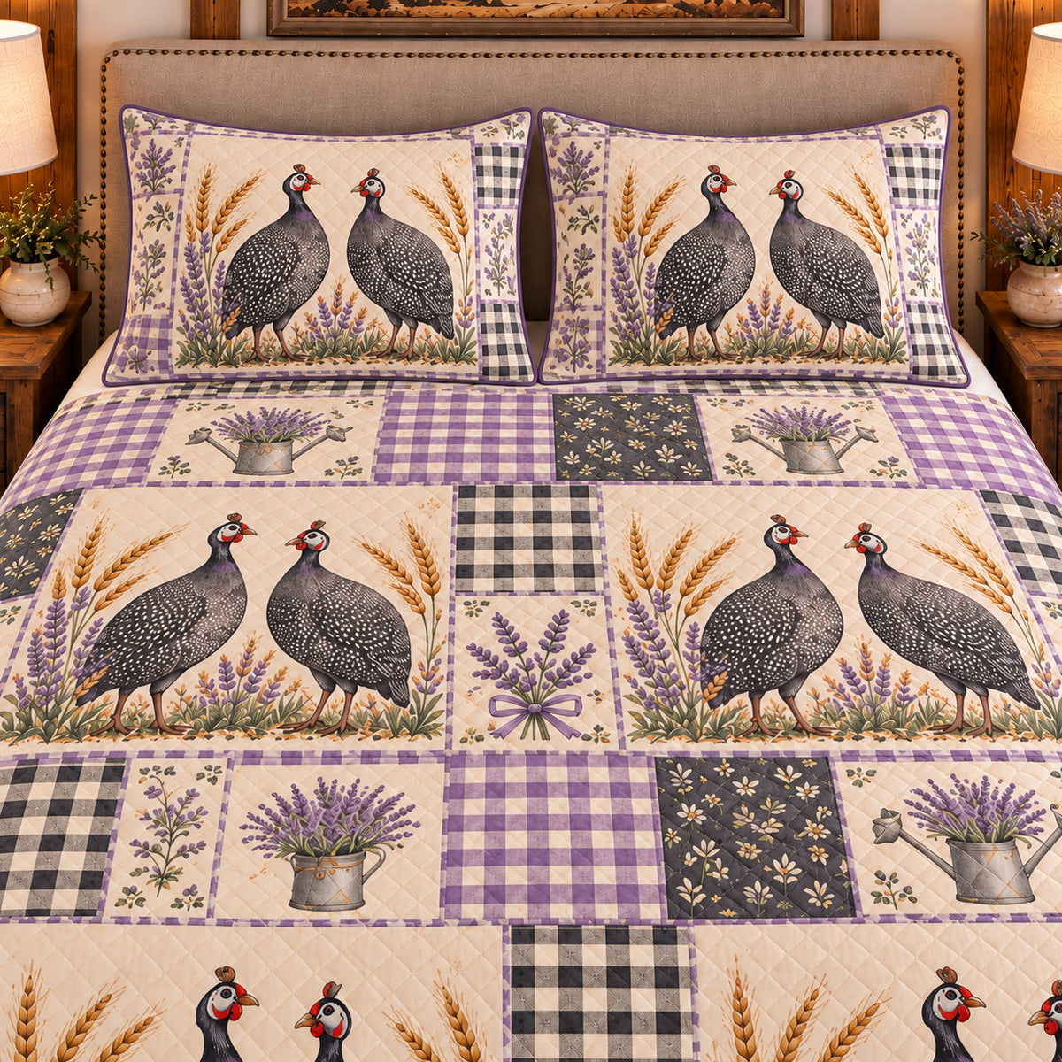 Guinea Fowl Farmhouse Patchwork quilt set — close-up