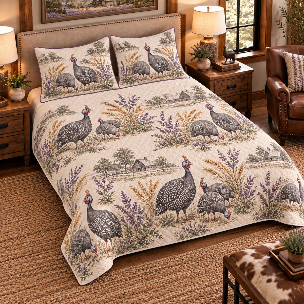 Guinea Fowl Country Toile quilt set — left-angle hero