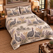 Guinea Fowl Country Toile quilt set — left-angle hero