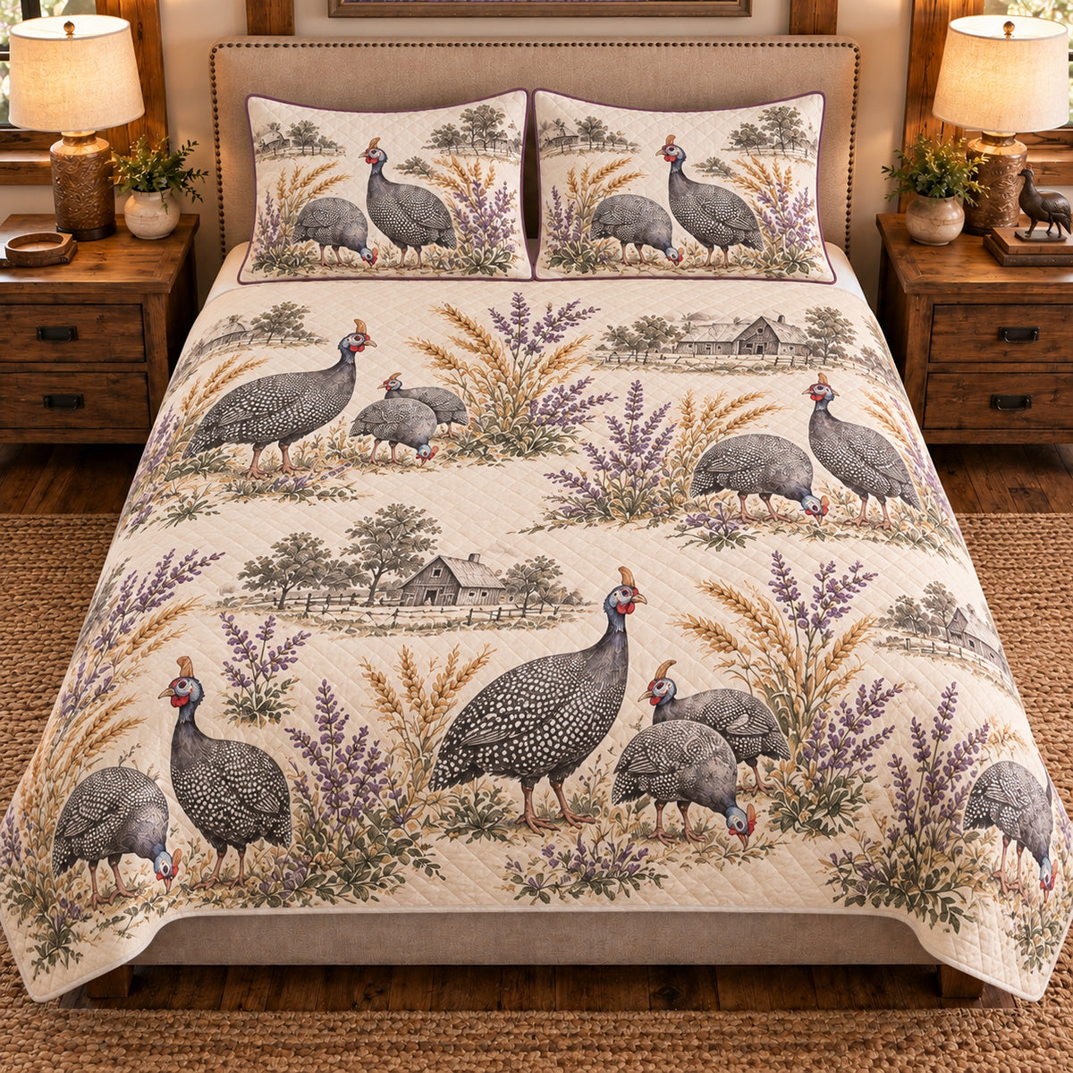 Guinea Fowl Country Toile quilt set — front view