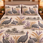 Guinea Fowl Country Toile quilt set — close-up