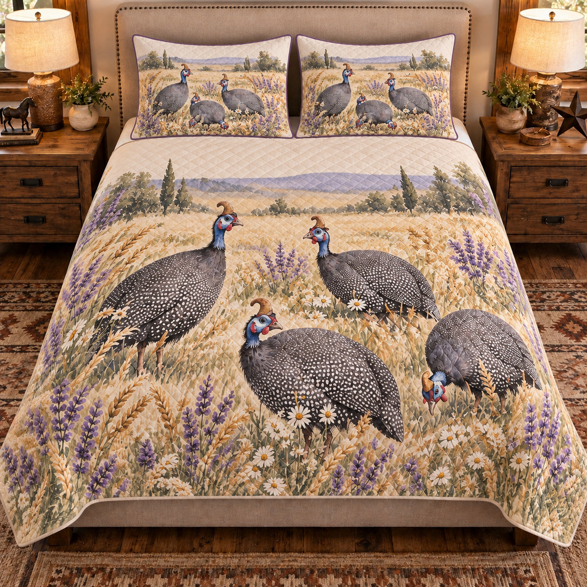 Guinea Fowl Wildflower Meadow quilt set — front view