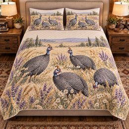 Guinea Fowl Wildflower Meadow Quilt Set, Farmhouse Bedding Gift for Animal Lovers
