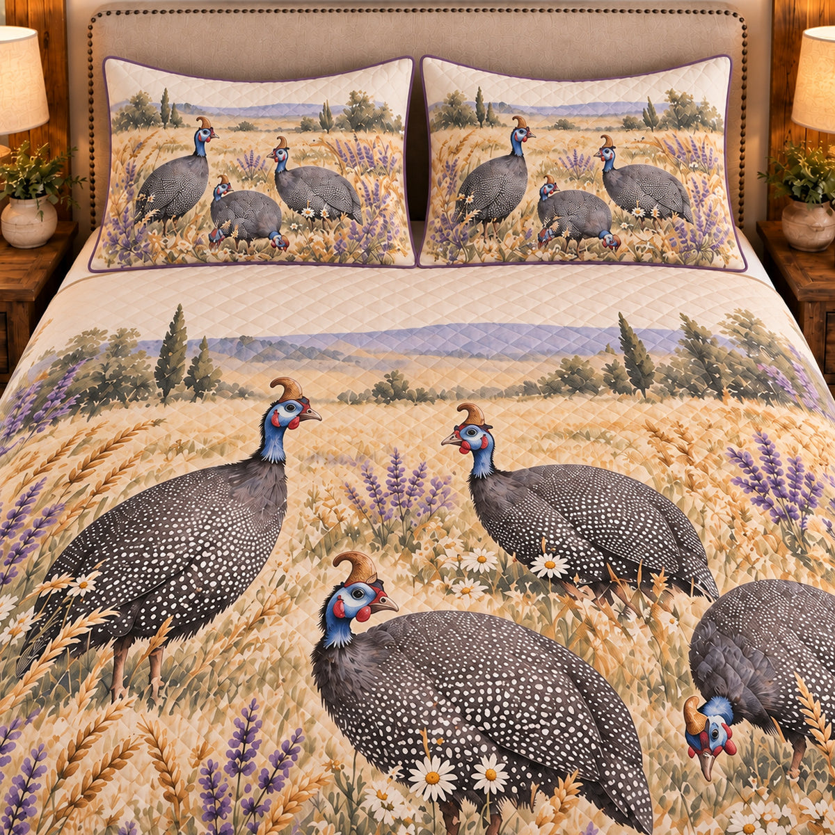 Guinea Fowl Wildflower Meadow quilt set — close-up