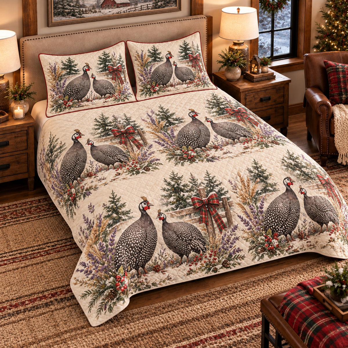 Guinea Fowl Christmas Farm quilt set — left-angle hero
