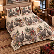 Guinea Fowl Christmas Farm quilt set — left-angle hero