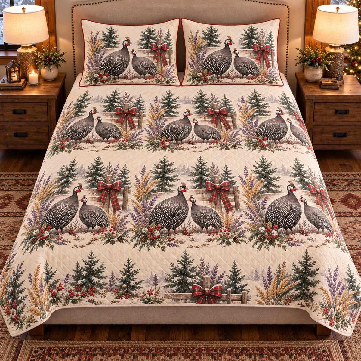 Guinea Fowl Christmas Farm quilt set — front view