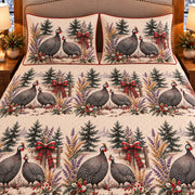 Guinea Fowl Christmas Farm quilt set — close-up