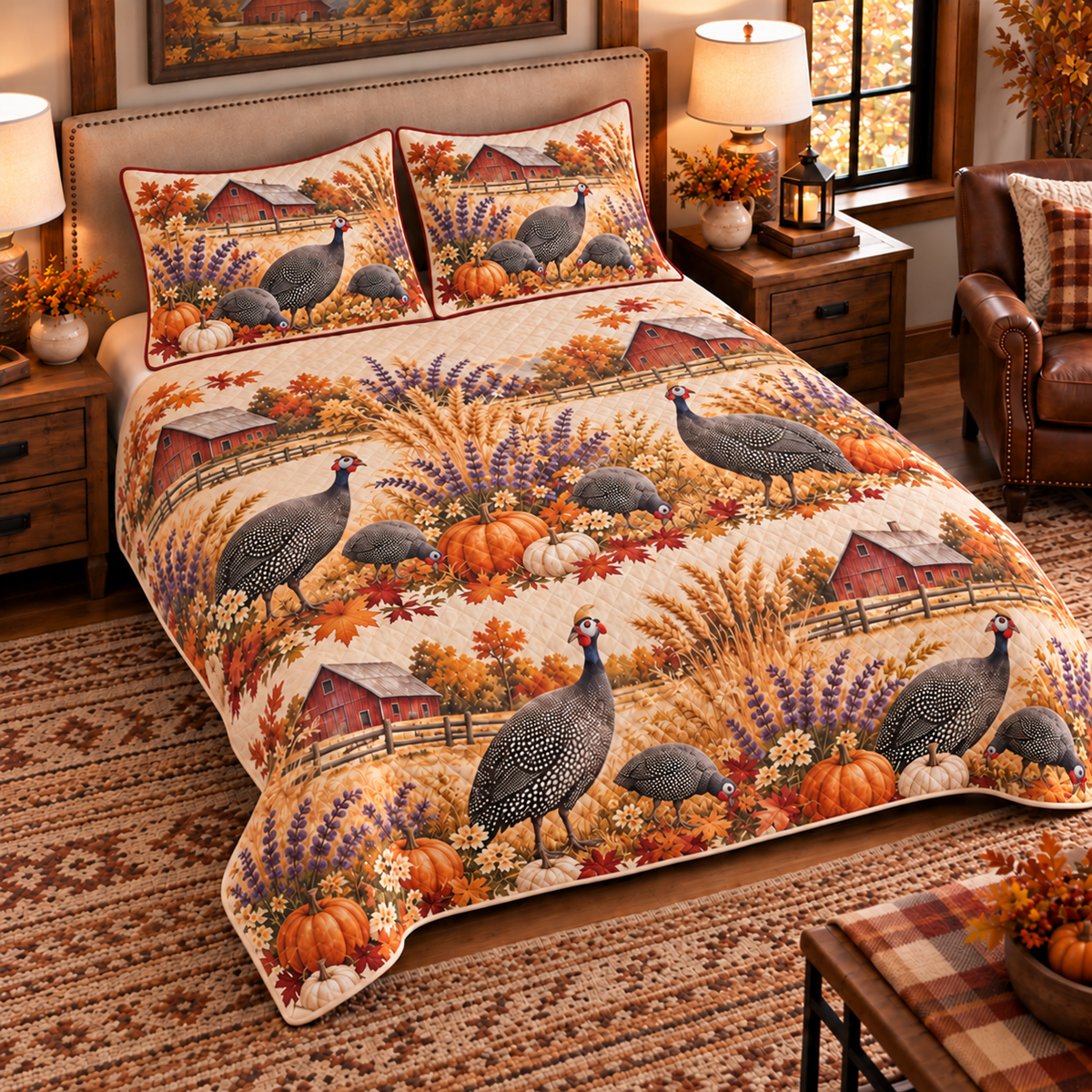 Guinea Fowl Autumn Harvest quilt set — left angle hero