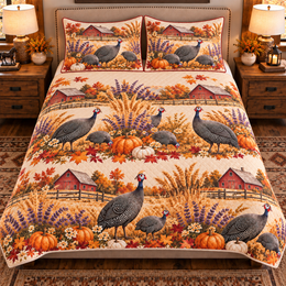 Guinea Fowl Autumn Harvest Quilt Set, Farmhouse Bedding Gift for Animal Lovers