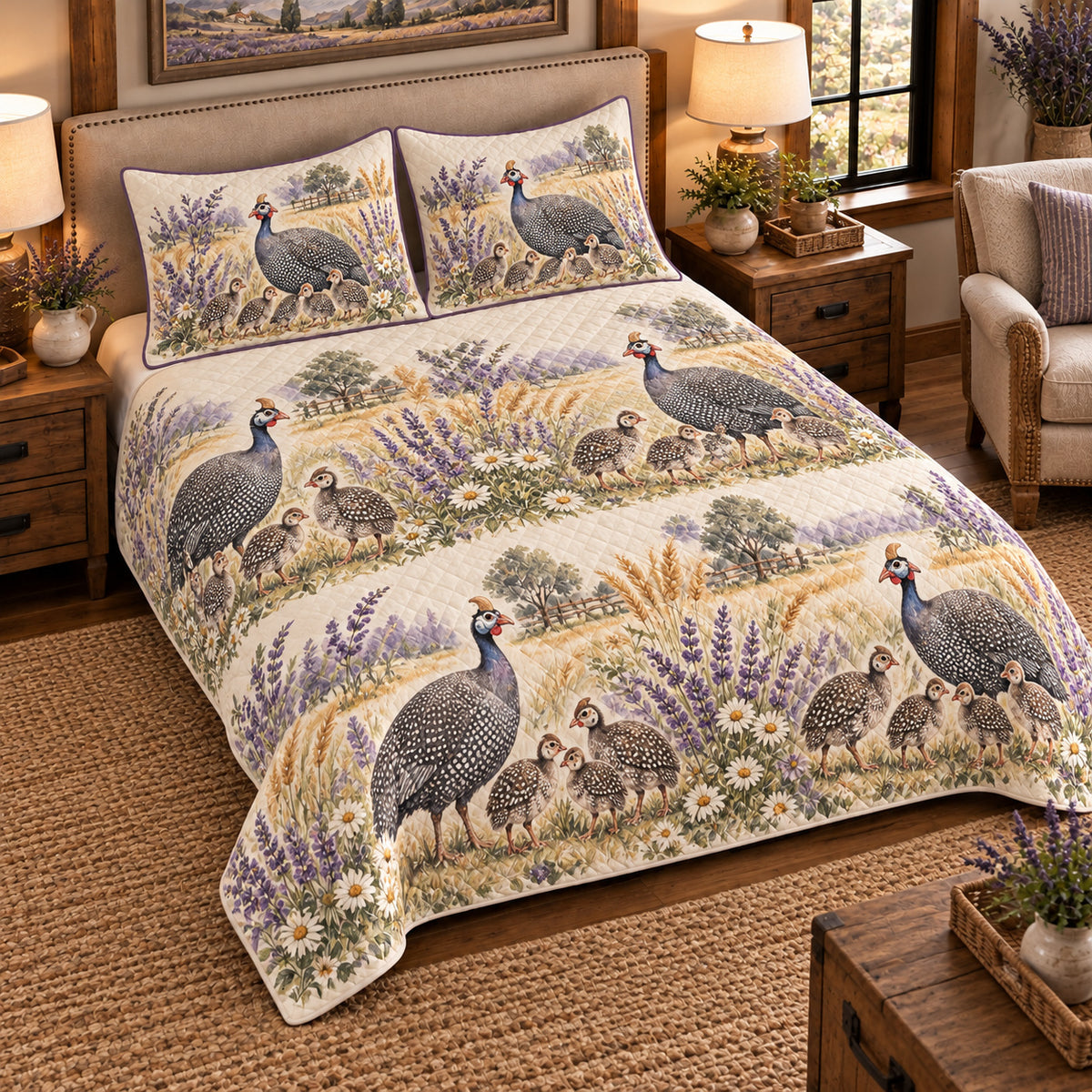Guinea Fowl Nursery Storybook quilt set — left angle hero