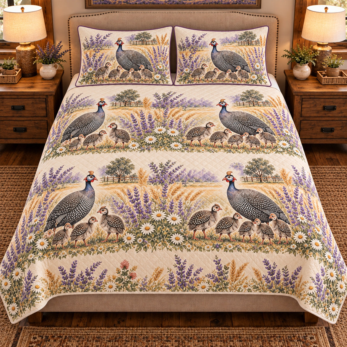 Guinea Fowl Nursery Storybook quilt set — front view