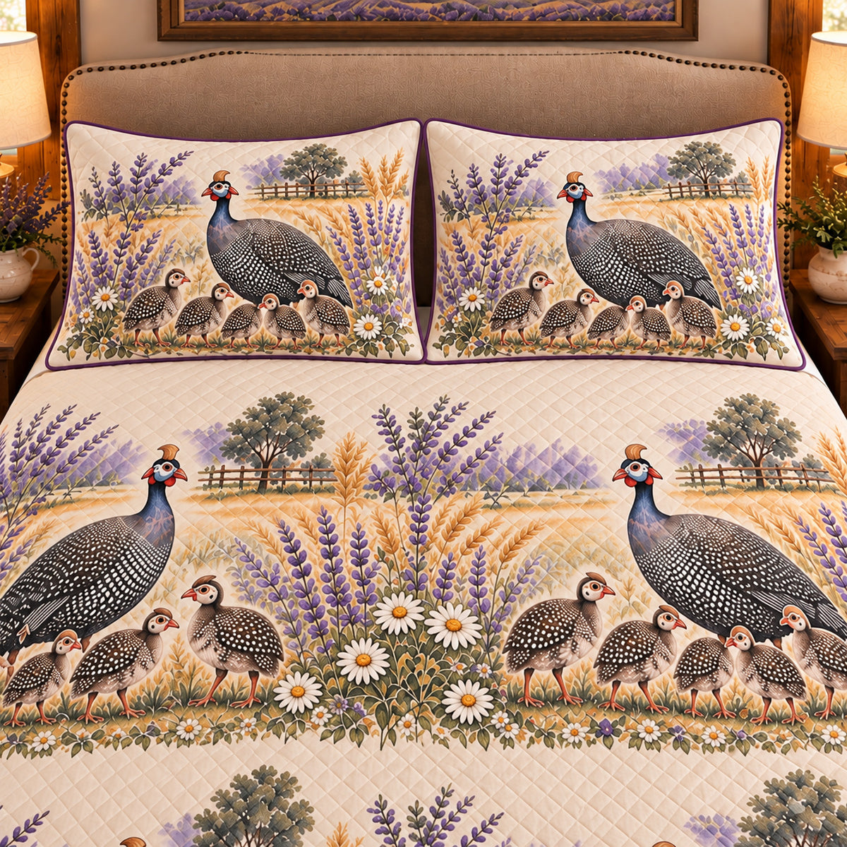 Guinea Fowl Nursery Storybook quilt set — close-up