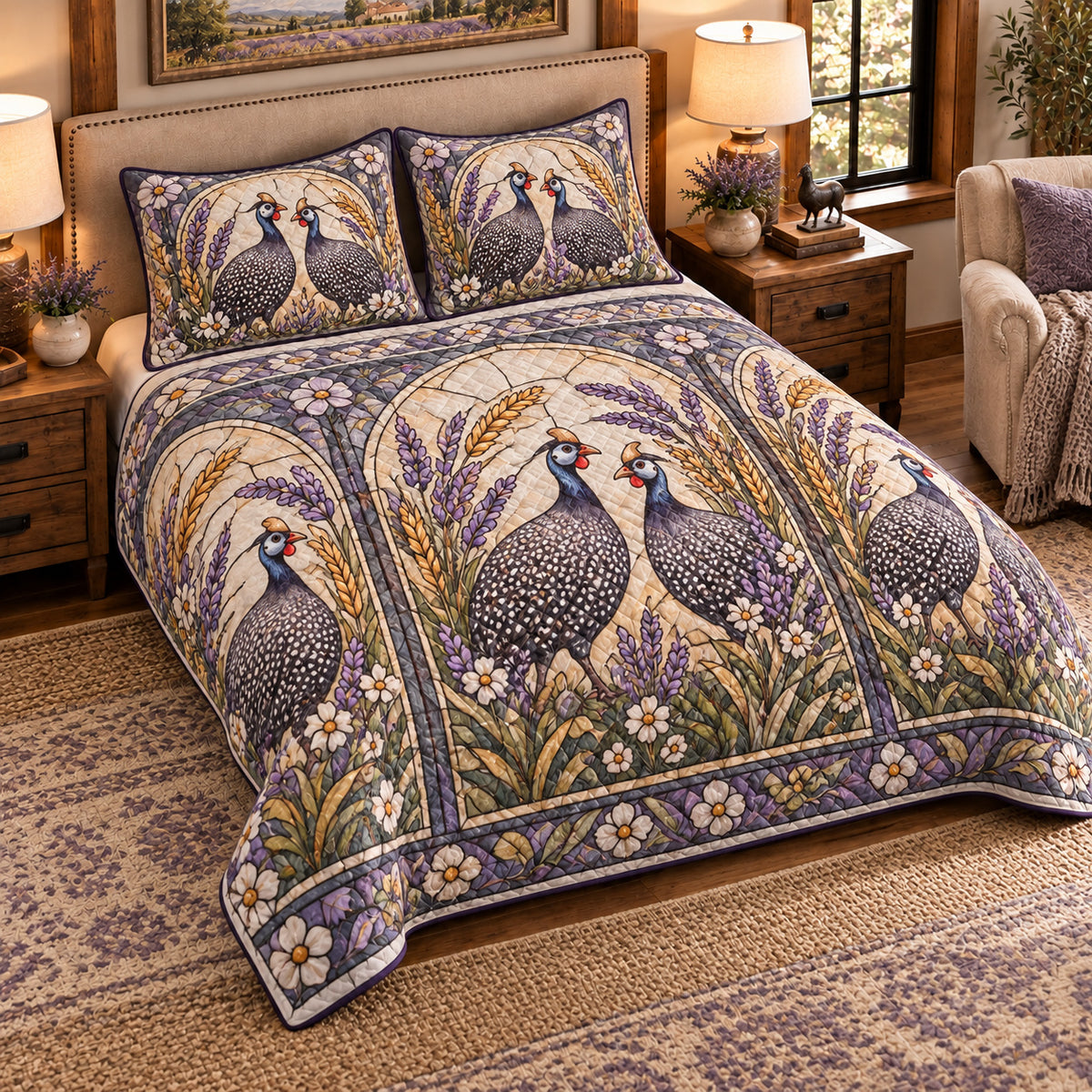 Guinea Fowl Stained Glass Garden quilt set — left angle hero