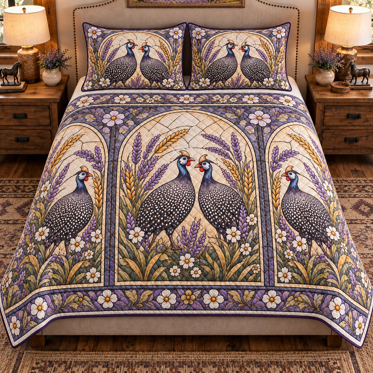 Guinea Fowl Stained Glass Garden quilt set — front view
