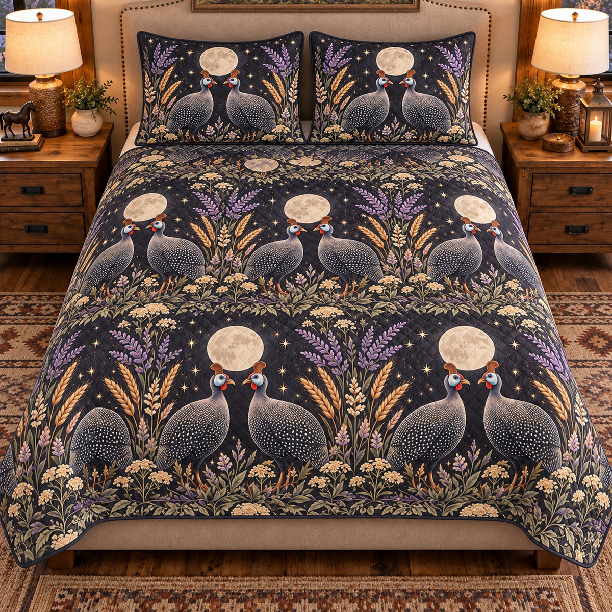 Guinea Fowl Moonlit Folk Farm quilt set — front view