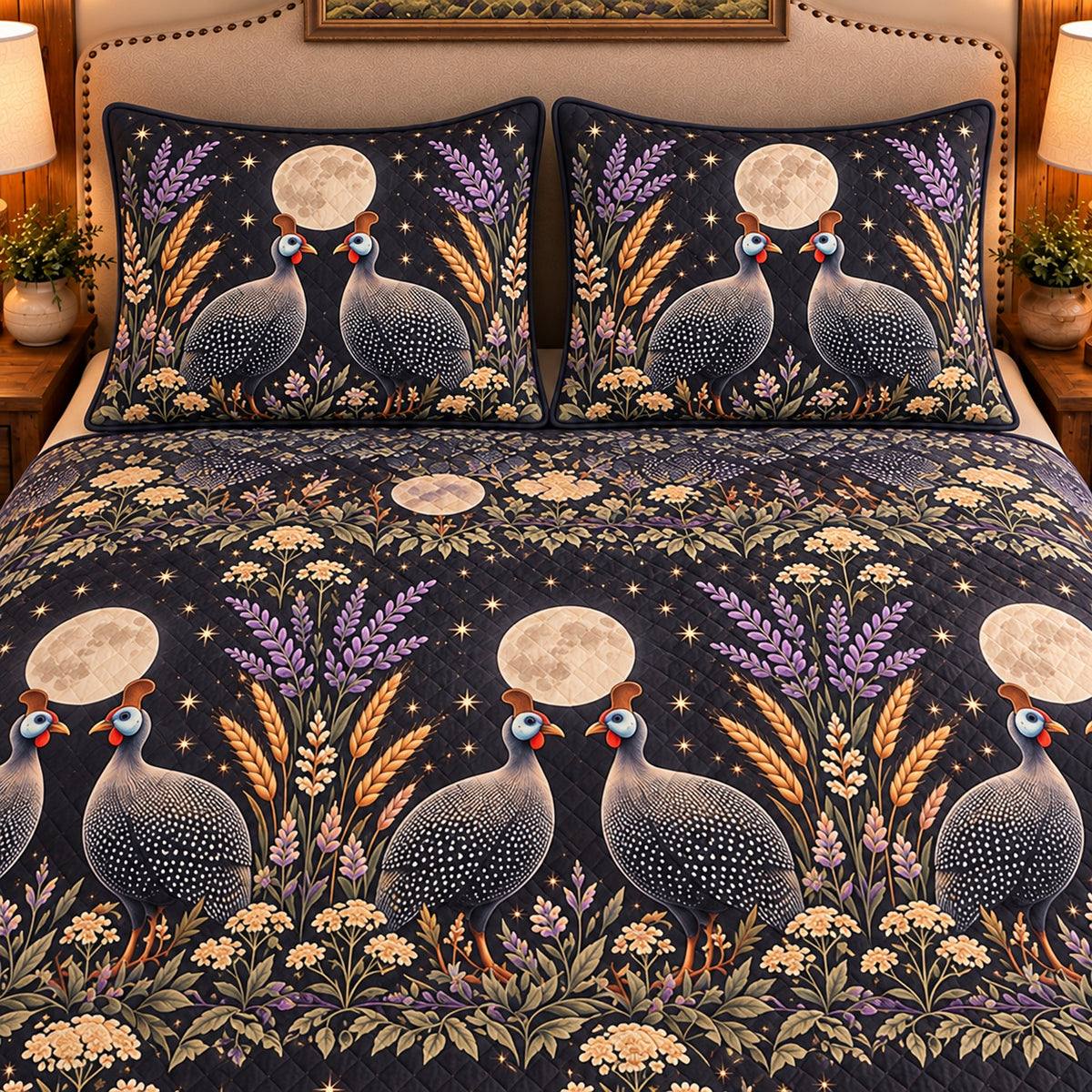 Guinea Fowl Moonlit Folk Farm quilt set — close-up