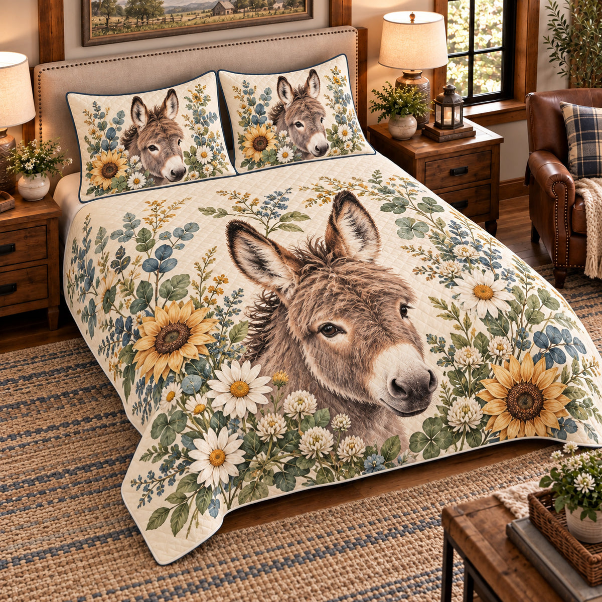 Miniature Donkey Botanical Portrait quilt set — left angle hero