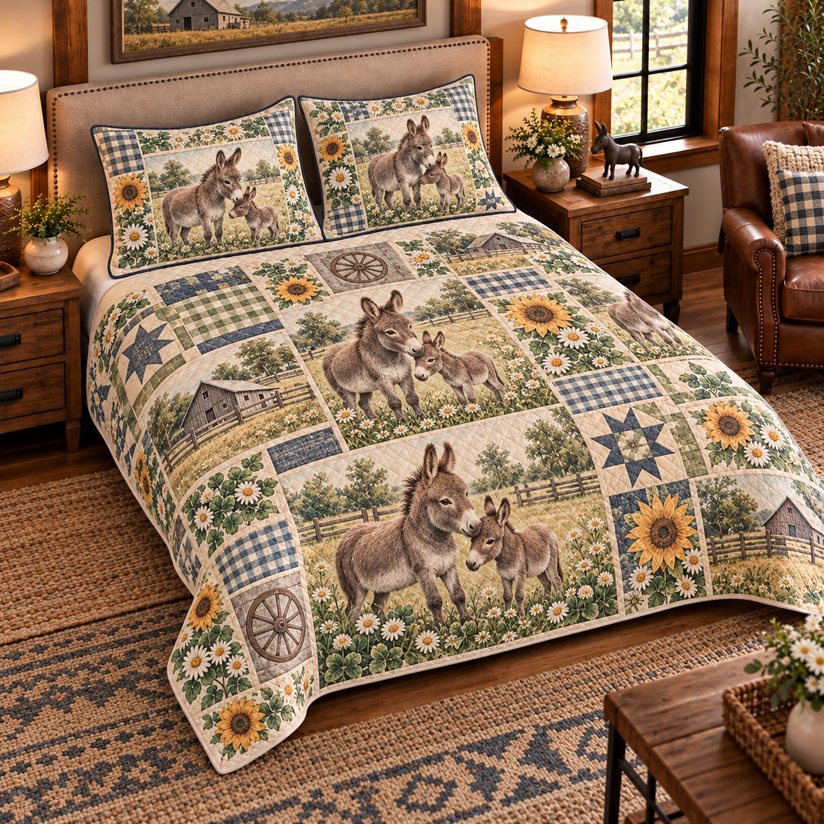 Miniature Donkey Farmhouse Patchwork quilt set — left angle hero