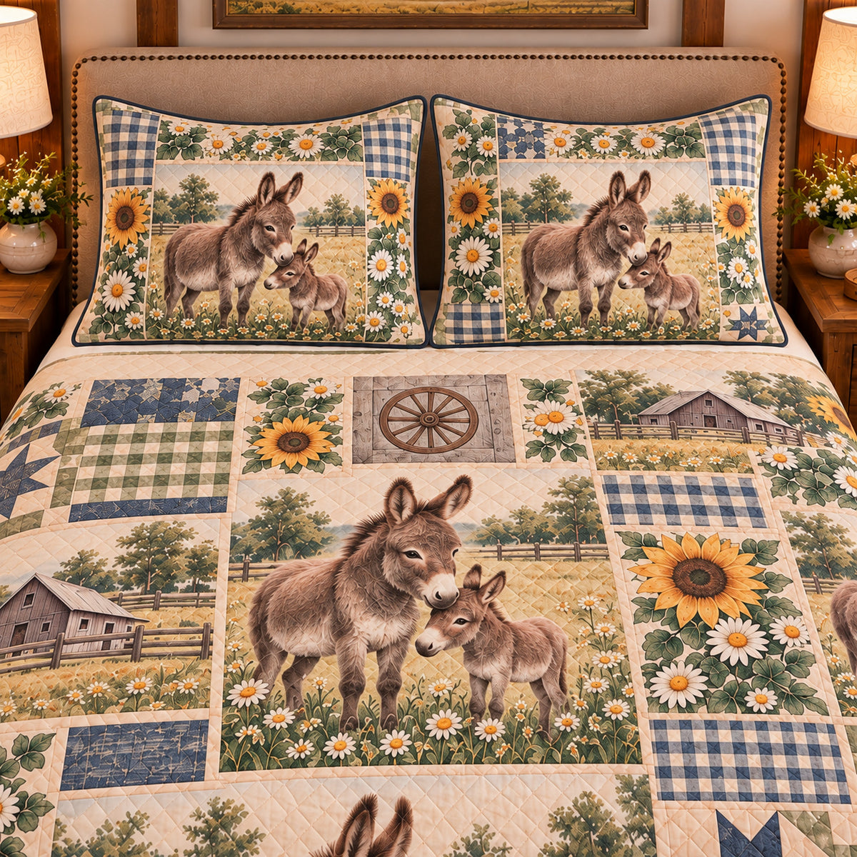 Miniature Donkey Farmhouse Patchwork quilt set — close-up