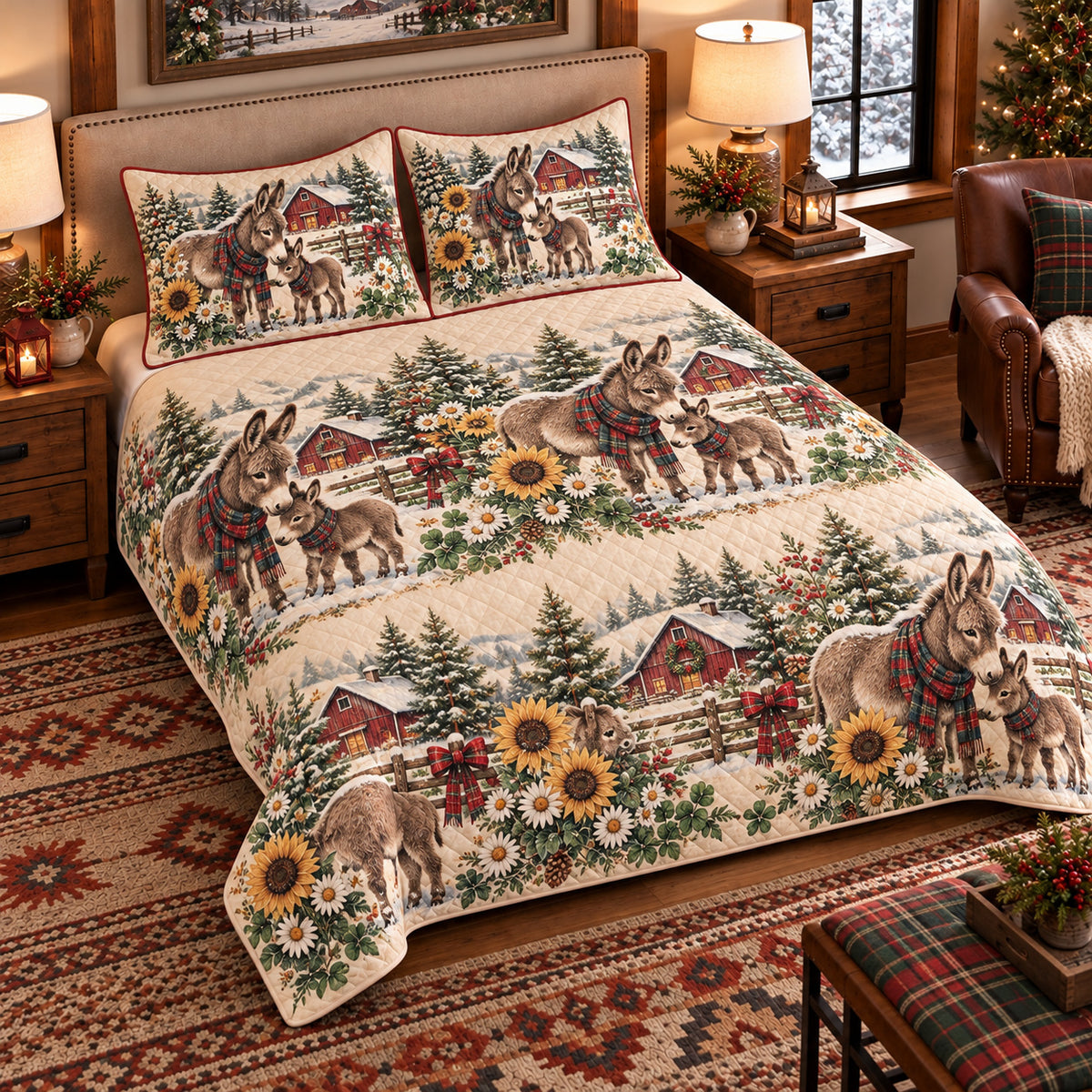 Miniature Donkey Christmas Farm quilt set — left angle hero