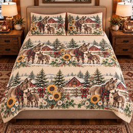 Miniature Donkey Christmas Farm Quilt Set, Farmhouse Bedding Gift for Animal Lovers