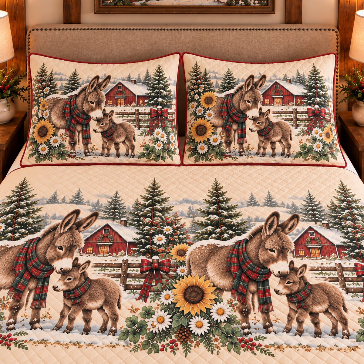 Miniature Donkey Christmas Farm quilt set — close-up