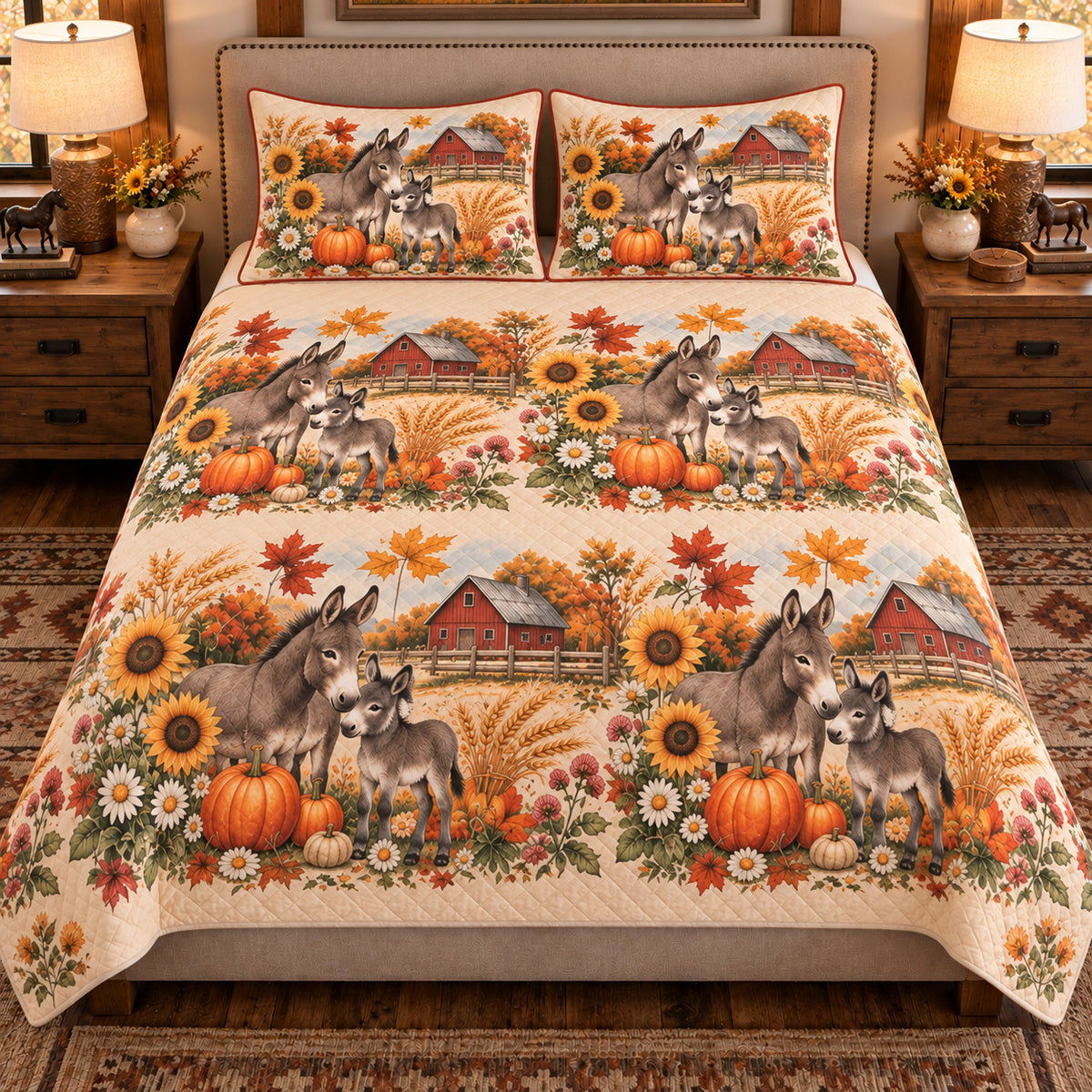 Miniature Donkey Autumn Harvest quilt set — front view