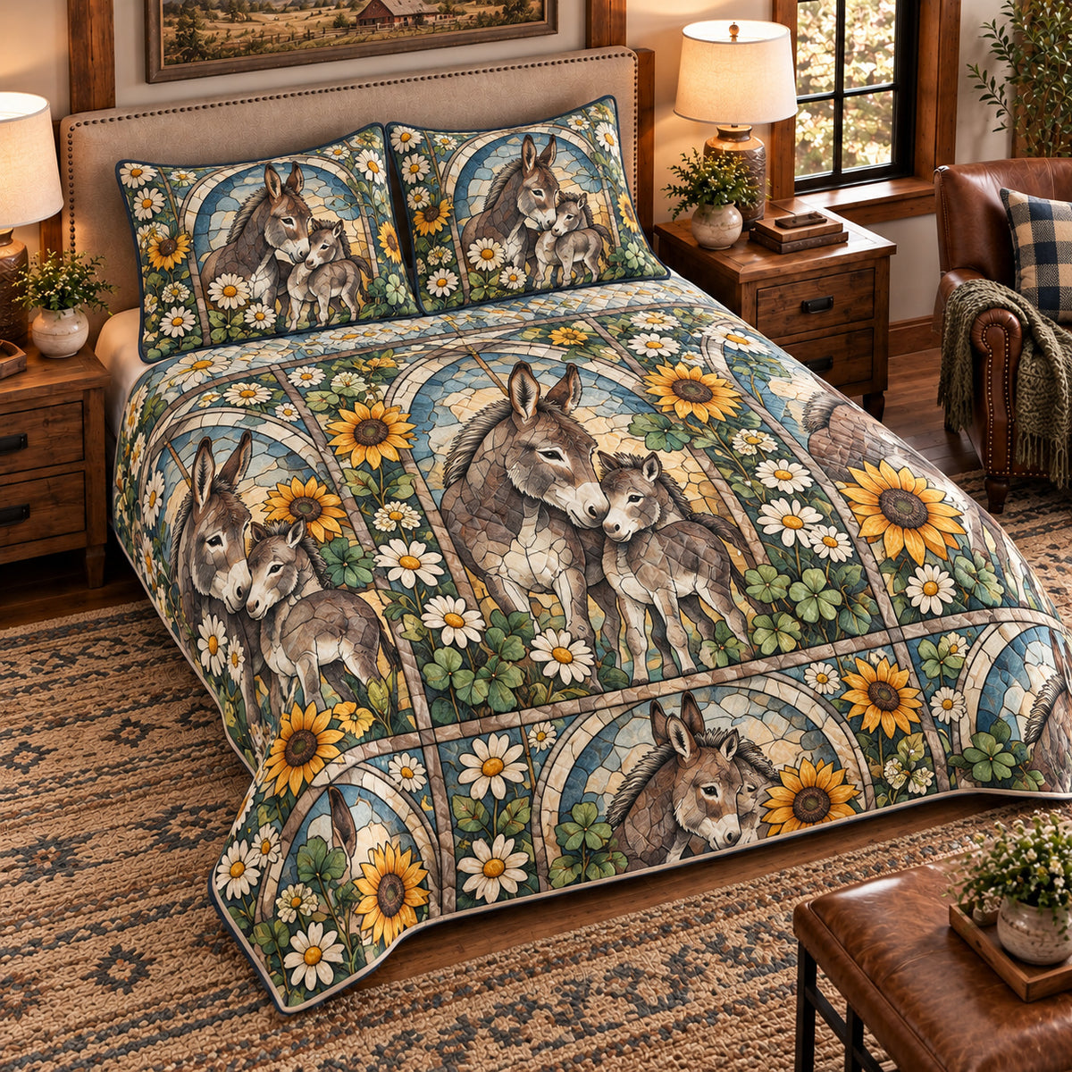 Miniature Donkey Stained Glass Garden quilt set — left angle hero