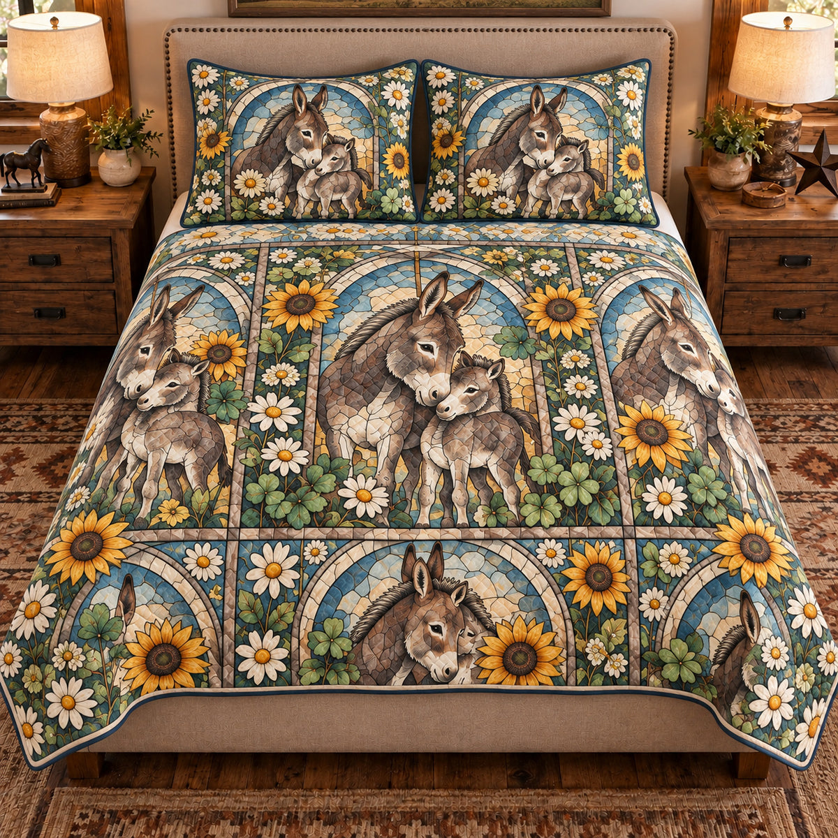 Miniature Donkey Stained Glass Garden quilt set — front view