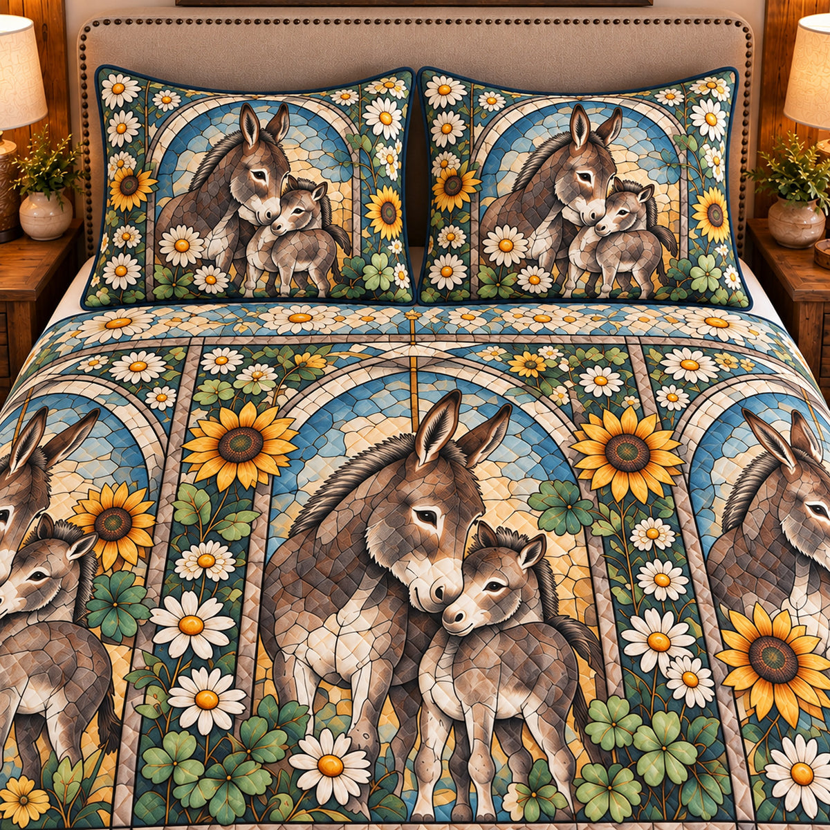 Miniature Donkey Stained Glass Garden quilt set — close-up