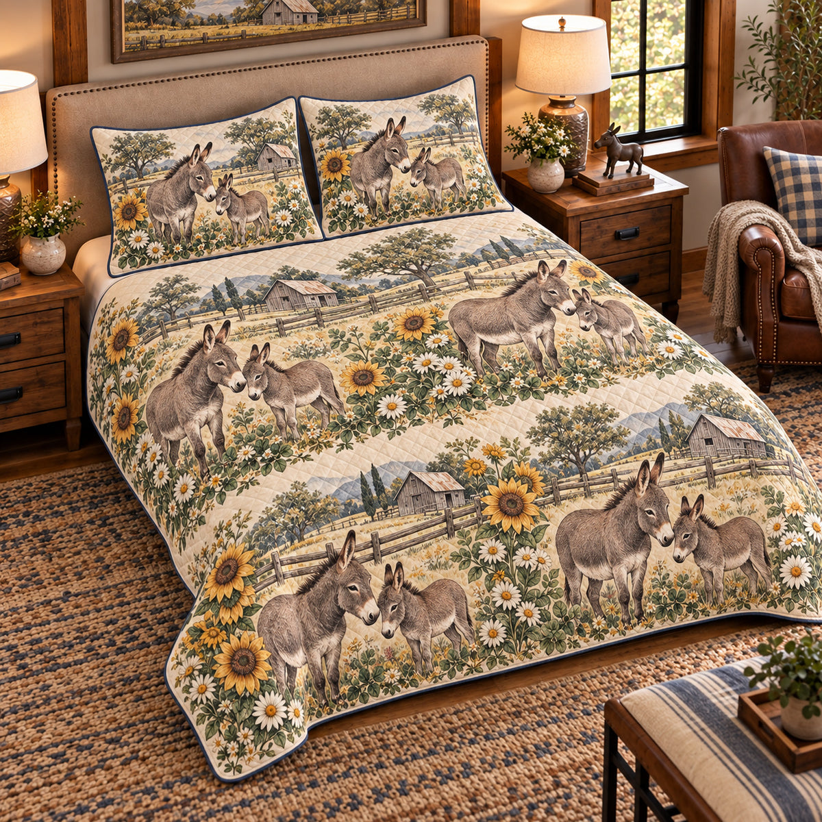 Miniature Donkey Vintage Field Guide quilt set — left angle hero