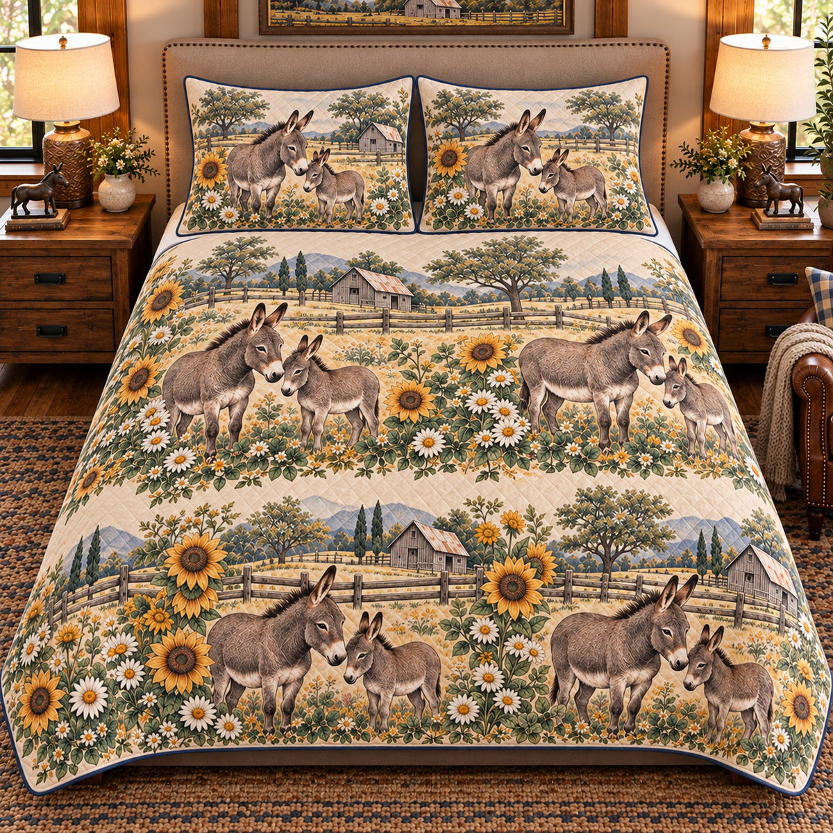 Miniature Donkey Vintage Field Guide quilt set — front view