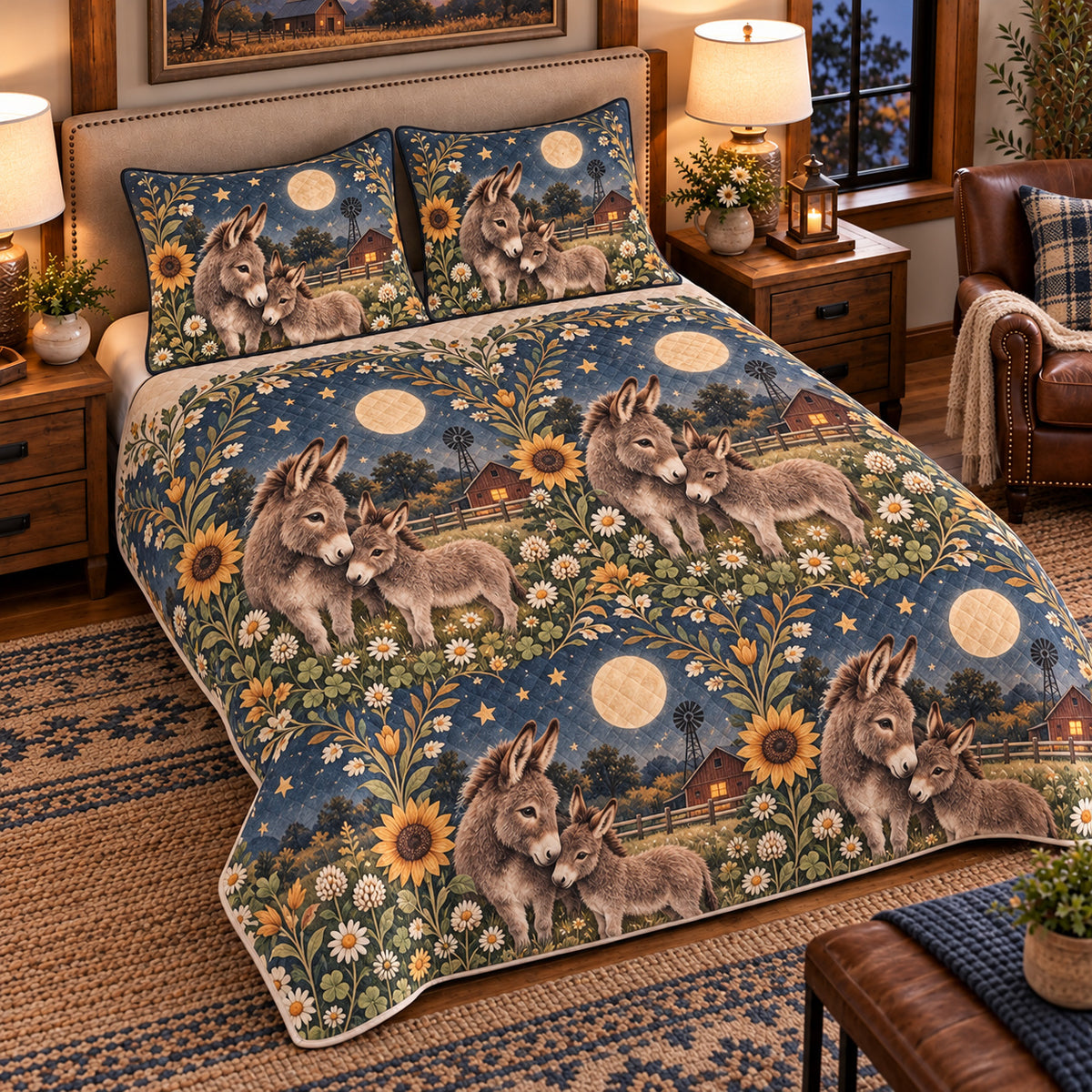Miniature Donkey Moonlit Folk Farm quilt set — left angle hero