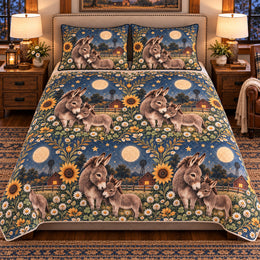 Miniature Donkey Moonlit Folk Farm Quilt Set, Farmhouse Bedding Gift for Animal Lovers